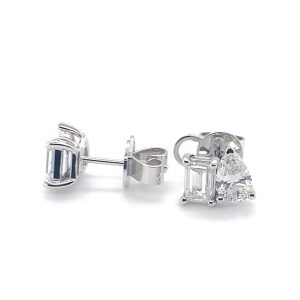 14k white gold Toi et Moi, Pear and Emerald Lab Studs