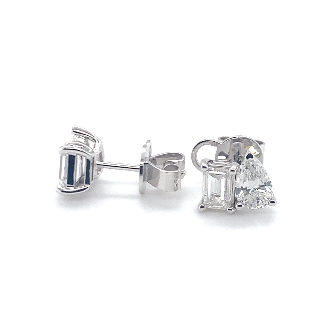 14k white gold Toi et Moi, Pear and Emerald Lab Studs